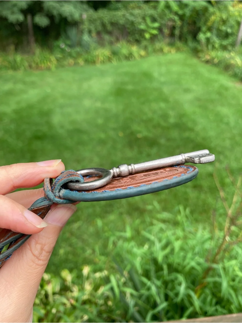Vintage Fossil Leather Bag Charm Key Fob Brown Blue Stitching Skeleton Key